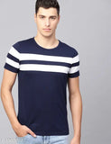 Navy blue printed cotton round neck t-shirt for men, short sleeves with eye-catching design