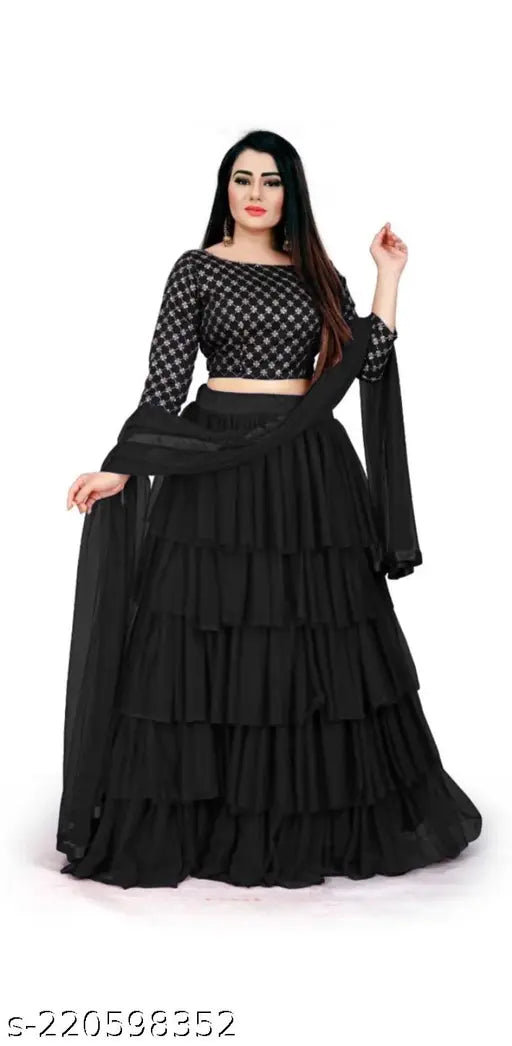 Stylish black flared satin-net lehenga with embroidered dupatta for Indian women's fashion