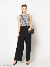 Black and white printed trendy jumpsuit for women (L - Bust 40in, Length 57in, Waist 34in), sleeveless polyester style from India