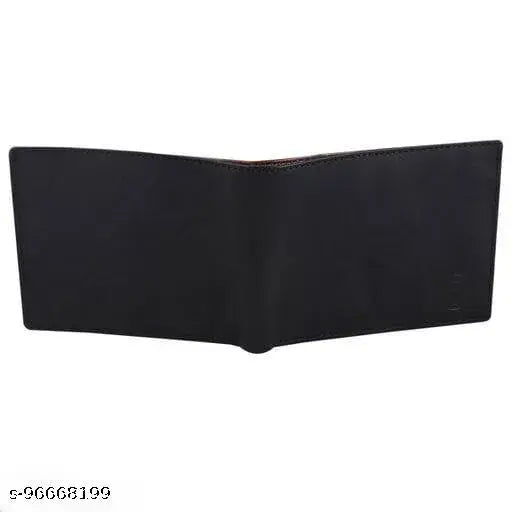 Black PU casual wallet with two compartments and five card slots, perfect for men's everyday essentials. Solid black design, great for gifting. Made in India
