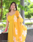Indian printed Georgette sleeveless maxi dress in mastard flower pattern, available in multiple sizes