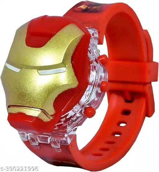 Red & Gold Iron Man digital watch with disco lights and music for kids, unisex design with silicone strap