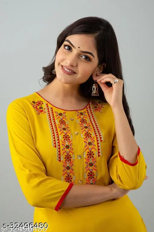 Rayon embroidered straight kurti with three-quarter sleeves, popular fashion for women, size S (bust 36in, length 46in), made in India