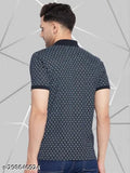 Navy blue wild west polo neck half-sleeve checkered cotton blend men's t-shirt with all-over print