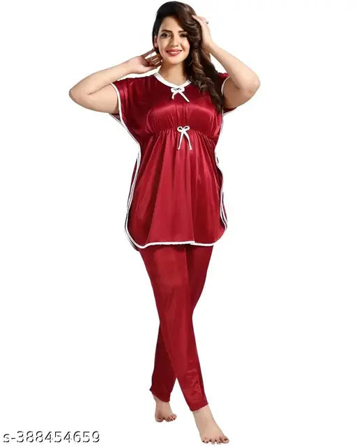 Maroon satin kaftan pyjama coord set for girls and women, comfortable sleepwear perfect for summers
