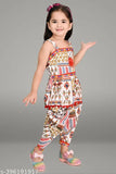 Multicolor printed cotton blend dhoti kurti set for girls, self-design A-line top with above knee length and sleeveless style. Various sizes available from 0-1 years to 7-8 years, originating from India