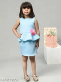 Sky Blue polyester bodycon mini dress for kids, solid net design on display stand