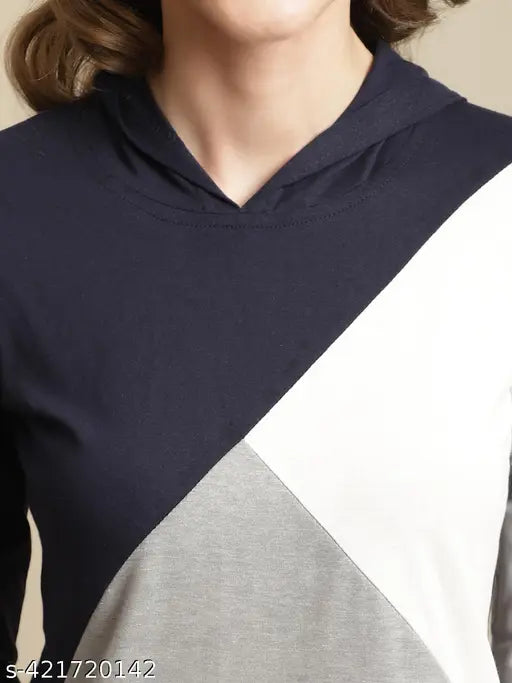 Cotton casual wear hoodie t-shirt, colorblocked long sleeves for women, India-made