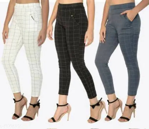 Elegant Modern Checked Net Lycra Jeggings Set of 3 - High-quality, stretchy, comfortable women's fashion for everyday wear. Indian origin