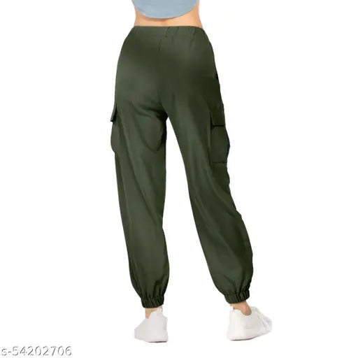 Ladies Lycra cargo jogger pant, solid net design, 4 pockets & drawstring, great for casual wear, size 28-30 (L), made in India