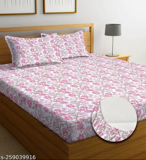 Navya Home Decor Light Pink & White Floral Elastic Fitted Bedsheets for Double Bed, 180 TC Supersoft Cotton, All-Around Elastic, Includes 2 Pillow Covers, India