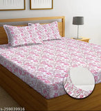 Navya Home Decor Light Pink & White Floral Elastic Fitted Bedsheets for Double Bed, 180 TC Supersoft Cotton, All-Around Elastic, Includes 2 Pillow Covers, India
