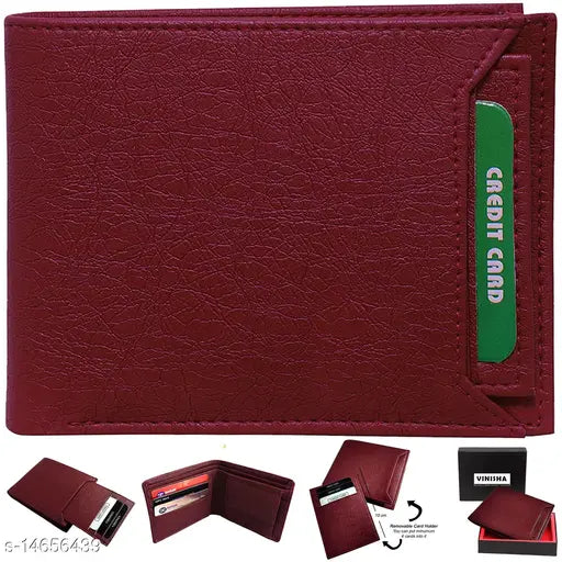 Brown PU leather men's wallet, removable card holder with 2 compartments, solid pattern