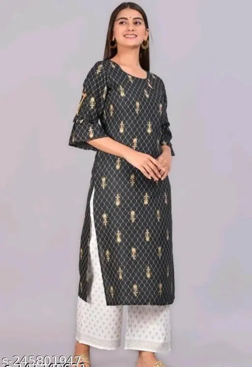 Rayon printed long kurta set with palazzos, Indian rayon women's fashion