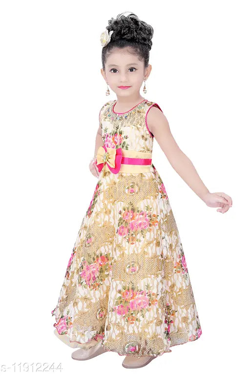 Elegant floral print net dress for girls, sleeveless, embellished, 0-12 months (India)