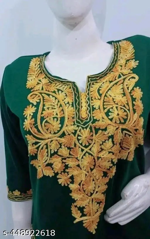 Premium wool, embroidered kurti with three-quarter sleeves. Warmth of luxury, intricate designs, perfect for winter wear. Multiple sizes available on Gillkart