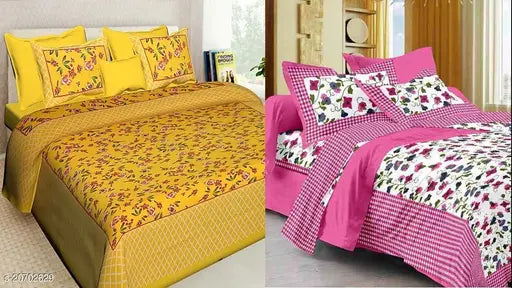 Yellow Jaipuri flower jaal printed bedsheet combo, featuring one trendy Indian floral design, includes 2 bedsheets & 4 pillow covers