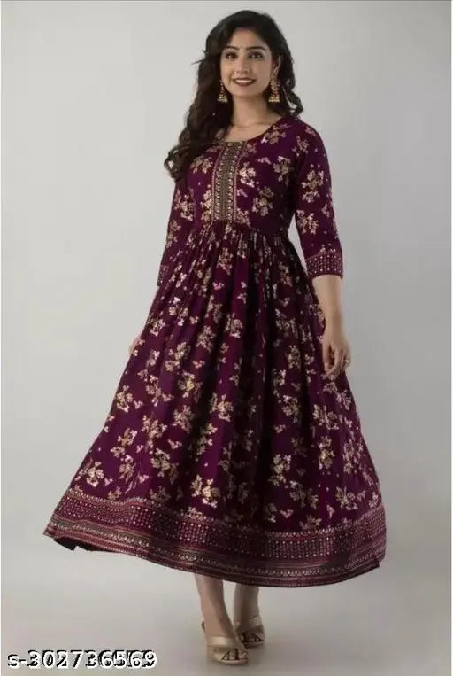 Rayon printed Anarkali kurtis, petite style with three-quarter sleeves, women's fashion in vibrant pattern. Size S (36in bust, 50in length), available from India
