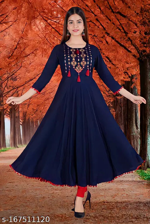Embroidered blue Rayon kurti with three-quarter sleeves, patterned by Indian manufacturer Bhumika