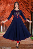 Embroidered blue Rayon kurti with three-quarter sleeves, patterned by Indian manufacturer Bhumika