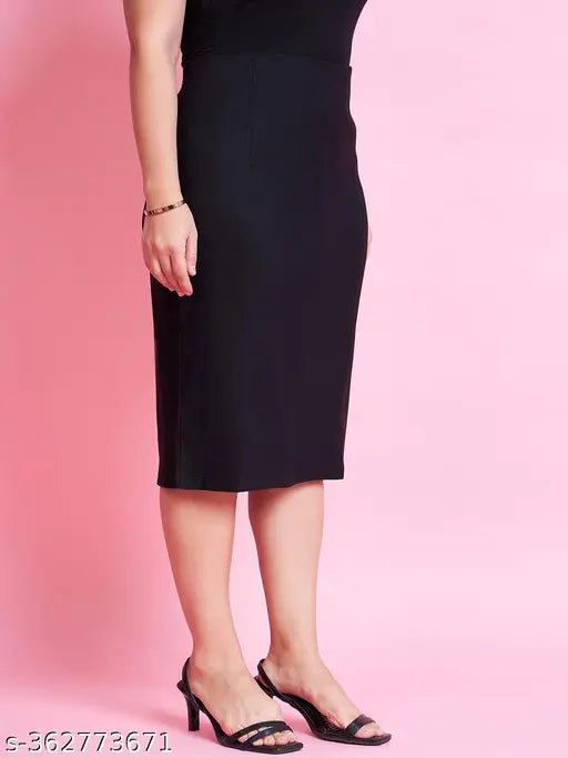 Plus size black pencil skirt for women, solid net polycotton, ideal for fashionable workwear