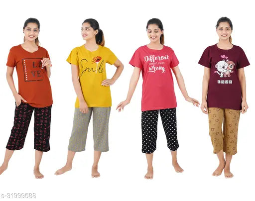 Black and navy printed cotton capri pajama set for women, California rust wake up style by Befli