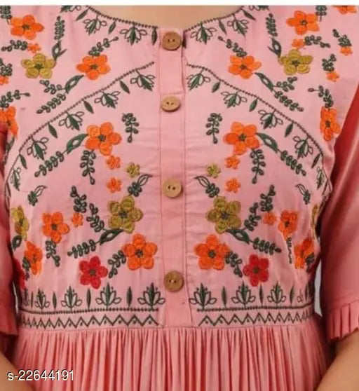 Pink rayon floral embroidered kurti, attractive Aakarsha design, perfect fit with drawstring waist, available in various sizes from S to XXXL, made in India