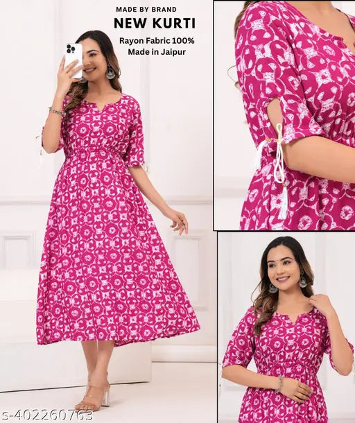Vibrant Rayon Anarkali Kurti, Jaipur-made print design. Three-quarter sleeves, Boat Neck collar