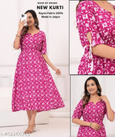 Rayon Printed Anarkali Kurti, vibrant hues and intricate design, Jaipur-made Rajasthani dress for modern women. Single size options: XS (38" bust), M, XL (42"), XL (44"), XXXL (46")