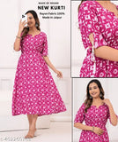 Vibrant Rayon Anarkali Kurti, Jaipur-made print design. Three-quarter sleeves, Boat Neck collar
