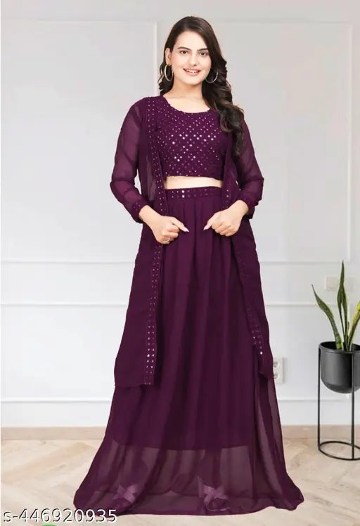 Purple Georgette Indo-Western Long Dress Set with Shrug - New Trending Anarkali for Women's Wedding Party Wear, India