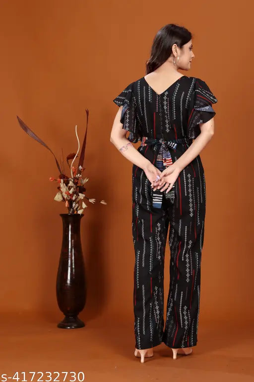 Printed rayon women's jumpsuit with three-quarter sleeves, size M (36in bust, 52in length, 32in waist, 38in hip). Made in India