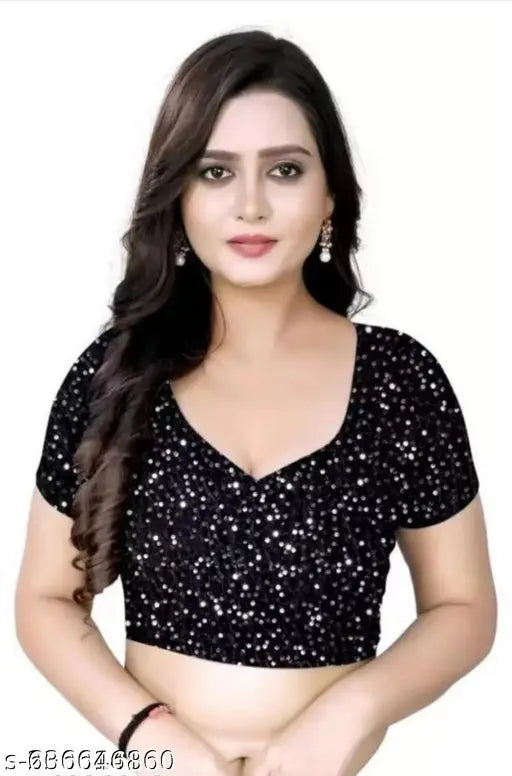 Indian free-size chiffon saree with sequin net blouse in self-design, velvet separate blouse piece