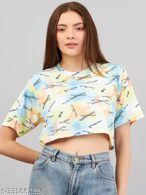 Stylish cotton blend crop top with printed pattern, short sleeves for women (S-32", M-34", L-36", XL-38", XXL-40")
