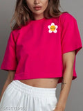 Magenta cotton blend oversized crop top featuring shy flower print for women & girls, perfect for casual wear