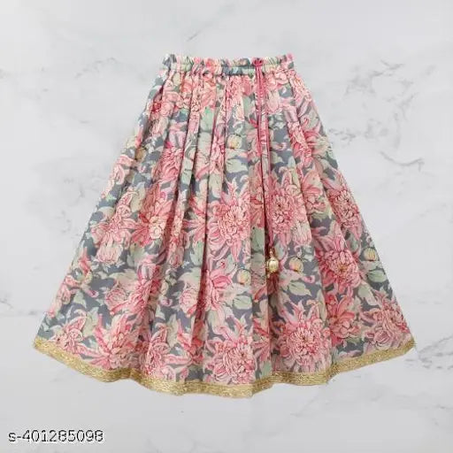 New Rayon lehenga-choli with floral print and sleeveless top, available in various sizes from 3-4 years to free size. Indian traditional wear for girls aged 11-12 years