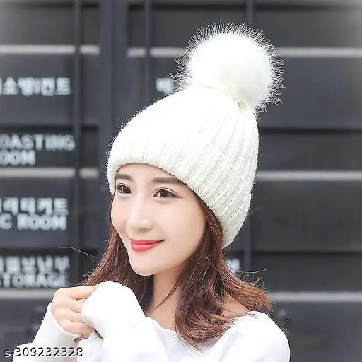 Warm, self-design winter beanie (Arcylic) with fur, perfect for women and girls during chilly days - ideal for various indoor/outdoor activities
