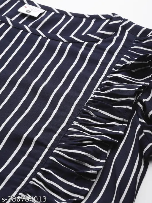 Blue striped round nightsuit, rayon fabric, stylish and comfortable women's sleepwear by Yash Gallery