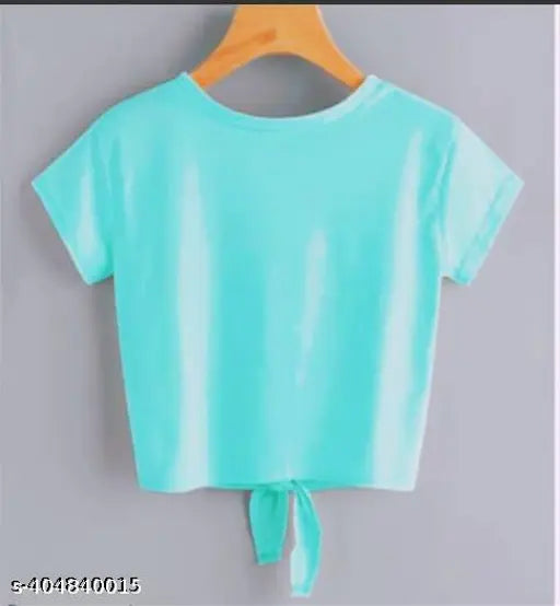 Sea Green Lycra crop top with STRANGE GRIL print, short sleeves and round neck, women's fashion clothing