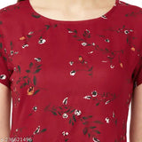 Maroon rayon printed nightsuit, round neck top with short sleeves, detailed with pocket. Comfortable sleepwear from India