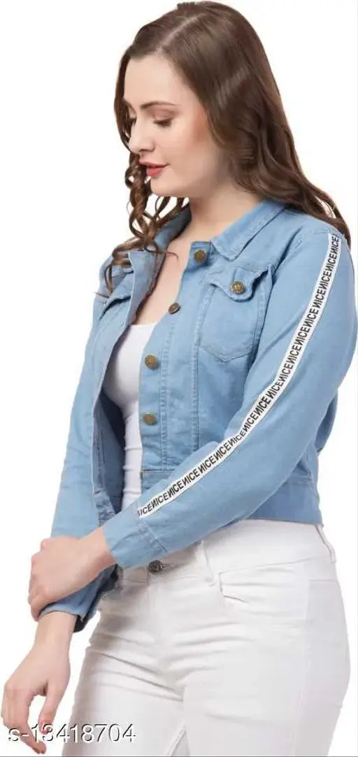 Light blue denim jacket by 69 Fashion Street, solid pattern, three-quarter sleeves on mannequin