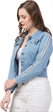 Light blue denim jacket by 69 Fashion Street, solid pattern, three-quarter sleeves on mannequin