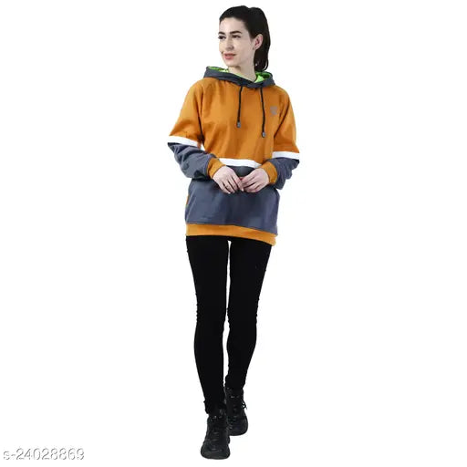 Indian-made, cotton blend women's full sleeve sweatshirt with kangaroo pocket & hoodie - urban styling for cool comfort