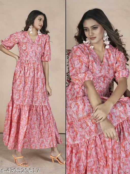 Premium printed net polycotton short-sleeved dress for women, size S (36in bust, 52in length), made in India