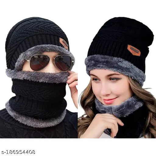 Black textured woolen beanie cap & neck scarf set, fur inside, snow proof full face cover - unisex, black