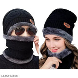 Black textured woolen beanie cap & neck scarf set, fur inside, snow proof full face cover - unisex, black