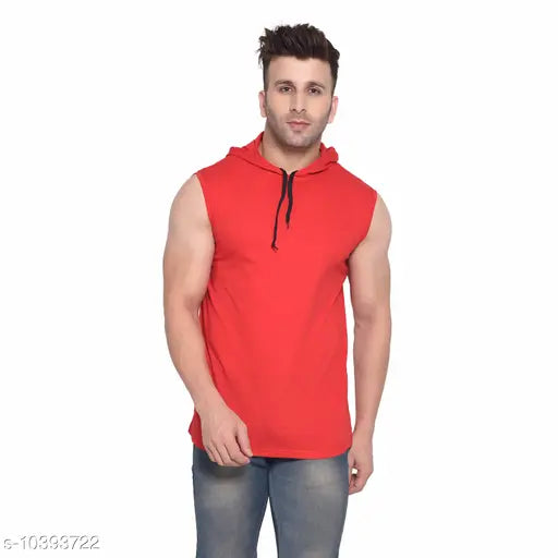Red cotton blend sleeveless hood t-shirt by Tfurnish, ideal for casual outfits