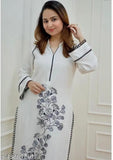 White rayon kurta pant set with long sleeves, printed net pattern, available in sizes S-XXXL, originating from India