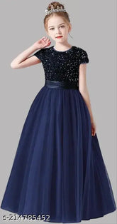 Blue sequin net party gown for girls, embroidered with short sleeves. Soft velvet lining, perfect for western wear aged 5-16 years. Dry clean only