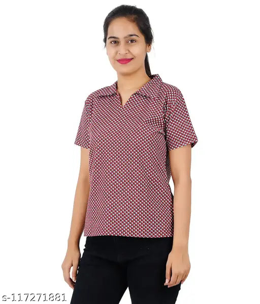 Cotton print self collar v-neck half sleeve crop top t-shirt, XS (36in bust, 23in length), Indian origin